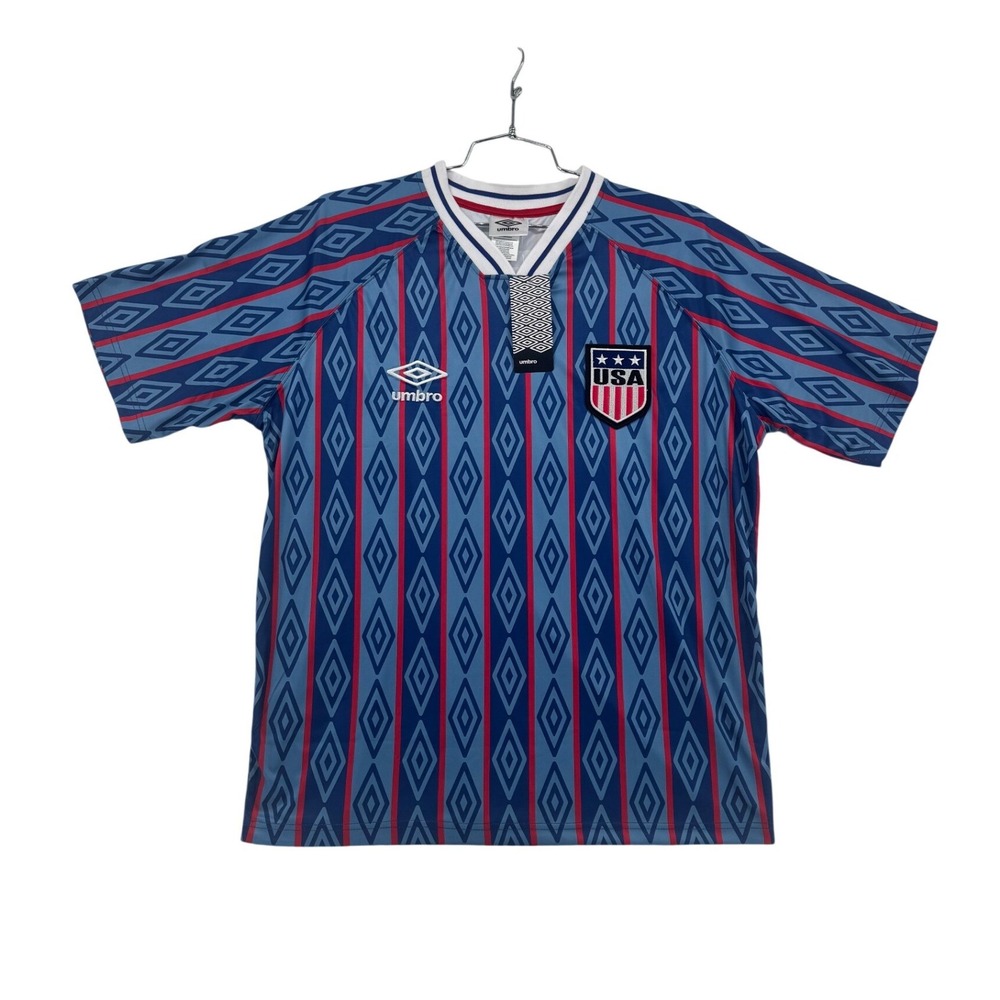 Umbro USA Soccer Jersey Mens Medium Blue Red Diamond Pattern Short Sleeve NWT